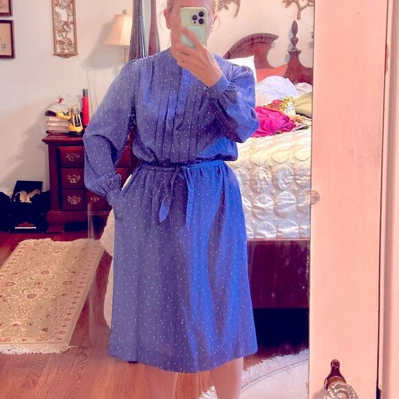 Vtg  70s/80s Schrader Sport Petites Blue Polka Dot Long Sleeve Polyester Dress - Picture 2 of 8